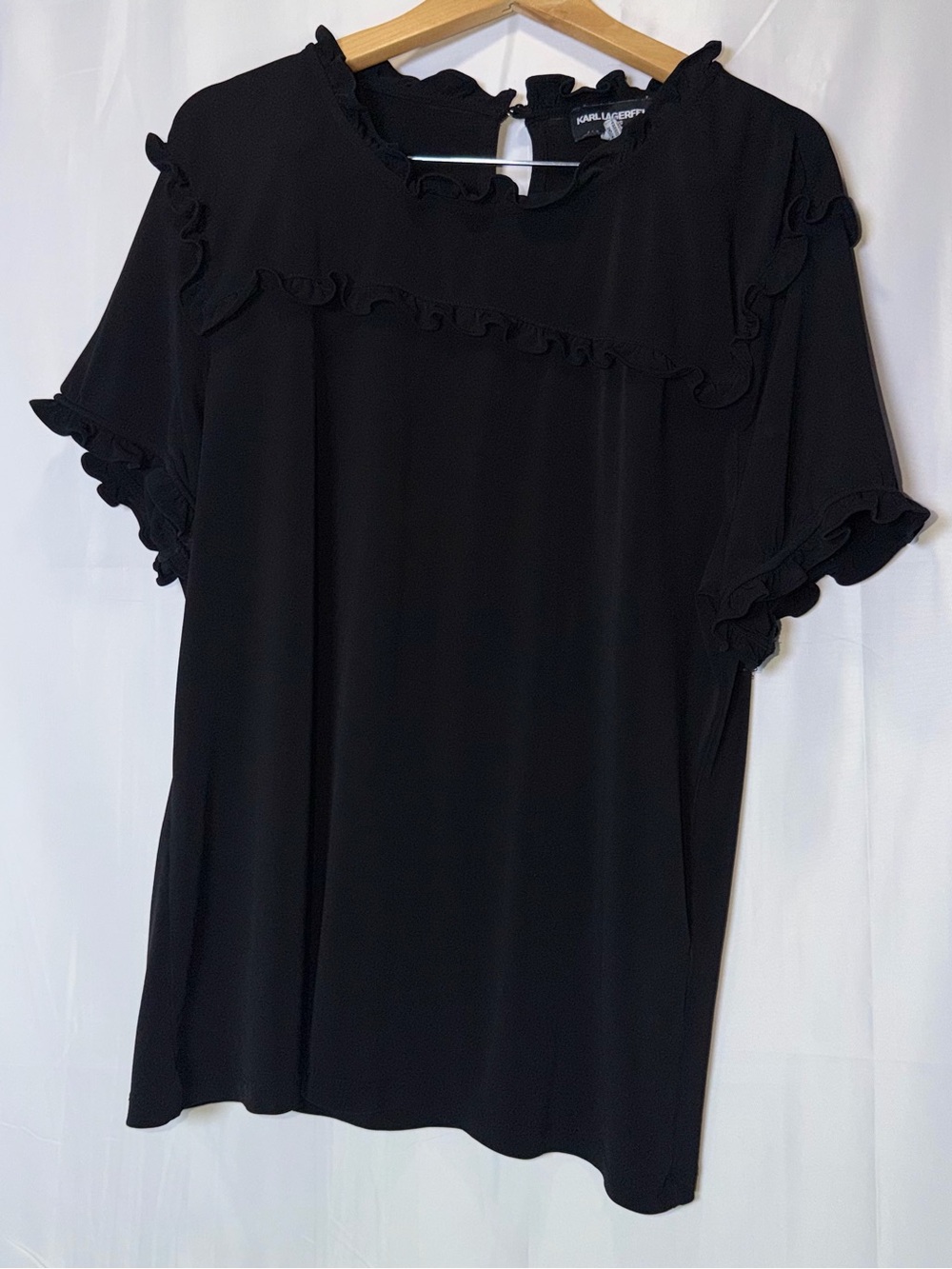 Karl Lagerfeld Black Ruffle Trim Short Sleeve Blouse #102